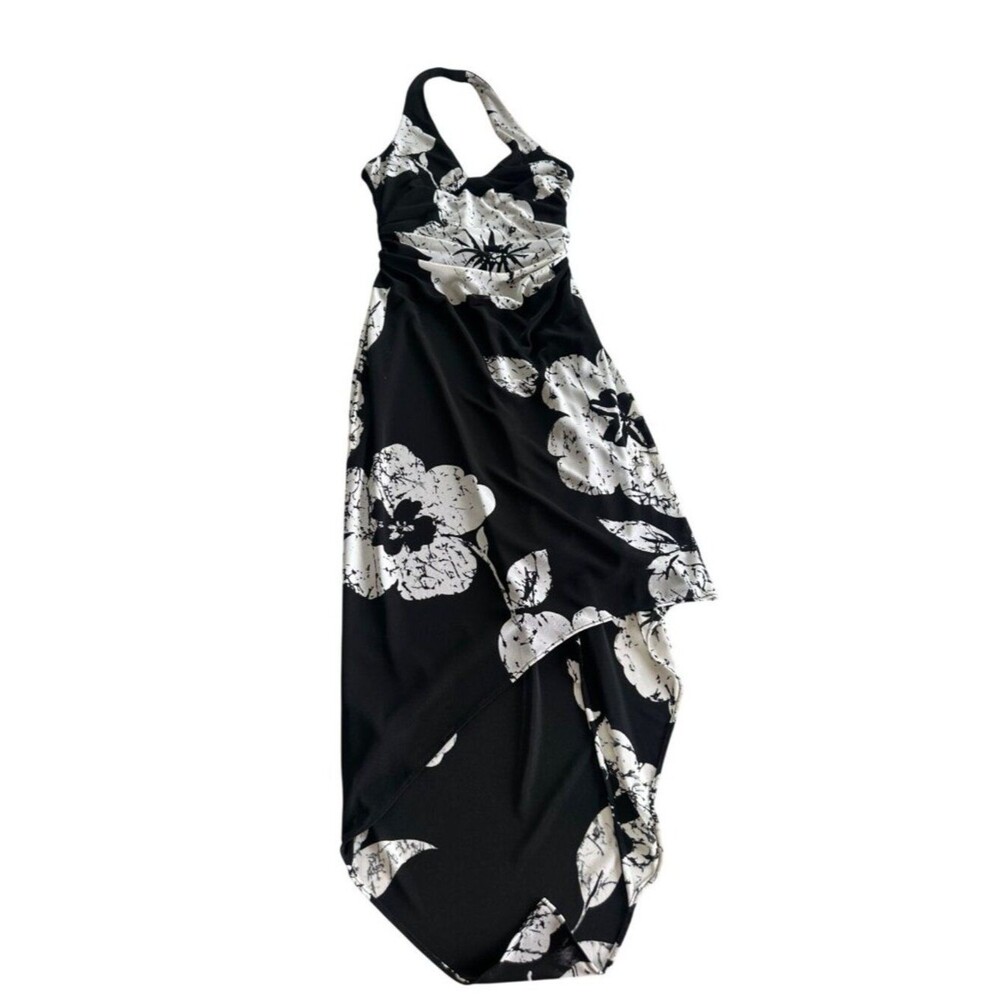 VTG David Meister Women's 8 Halter Black White Floral Midi Dress Y2K Fairy